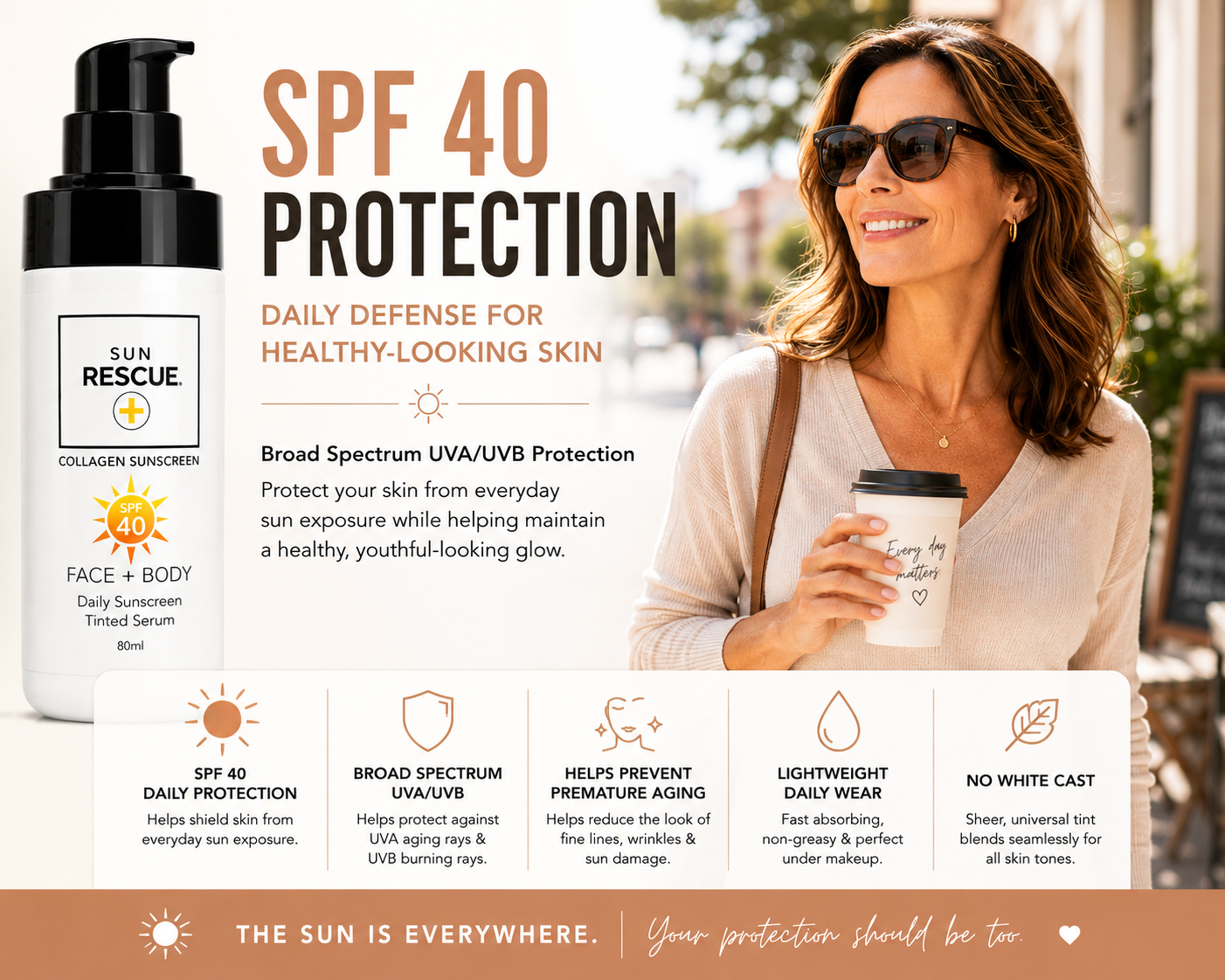 Sun Rescue Daily Tinted Moisturizer SPF 40 for Women – Hydrating Face Moisturizer with Vitamin C & Collagen Peptides – Lightweight Sheer Coverage, Broad Spectrum Sun Protection